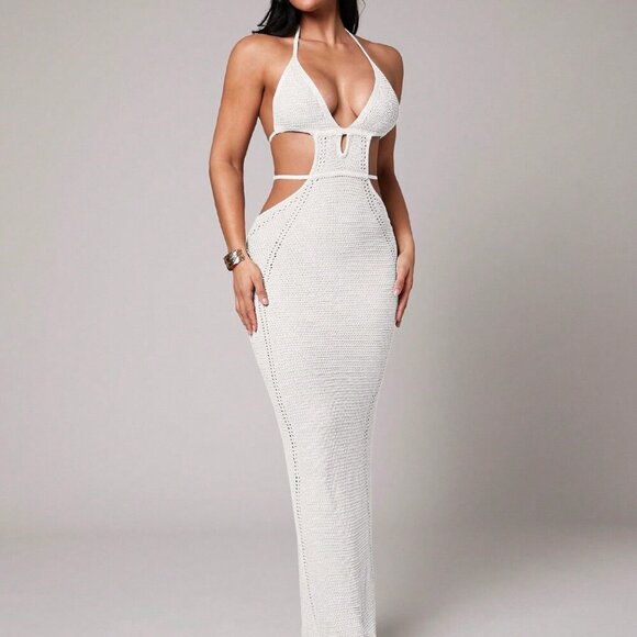 White Boho Crochet Deep V-Neck Hollow Slit Mid-Length Women's Cover Up Dress - Picture 7 of 8